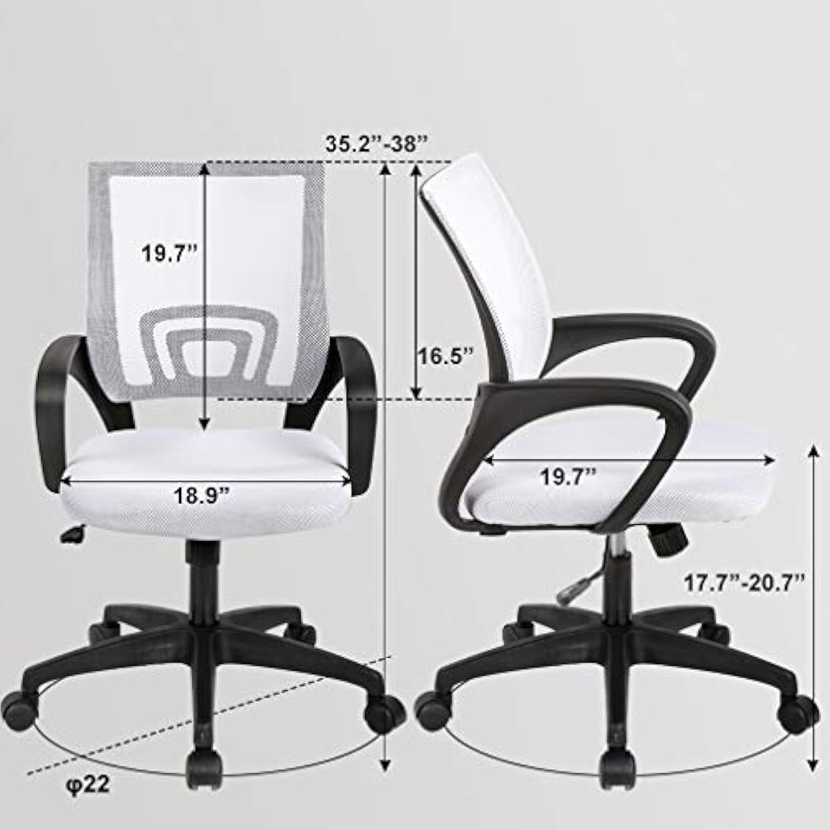 BestOffice | Ergonomic Office Chair | Mid-Back Swivel Desk Chair | Breathable Backrest & Lumbar Support | Adjustable Height | Sponge Seat | Rolling Wheels | White | for Adults & Women