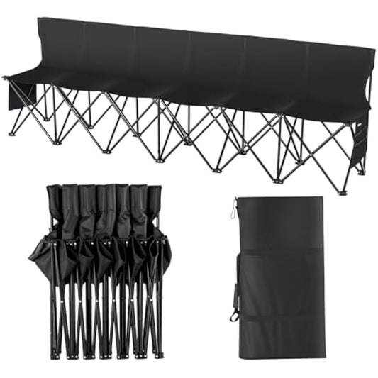 VEVOR Portable Folding B ench, 6 Seats Foldable Sideline B ench, Outdoor Camping Bench Chair with Carry Bag & Backrest, Team Sport Sideline B ench, No Assembly Instant Seating, Black