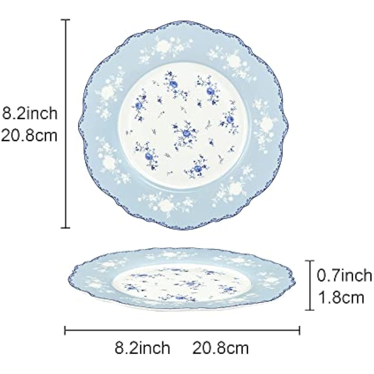 fanquare 8 Inch Porcelain Dessert Plates Set of 4, Lace Serving Bowls Set for Salad, Soup, Pasta, Snack, Blue Roses