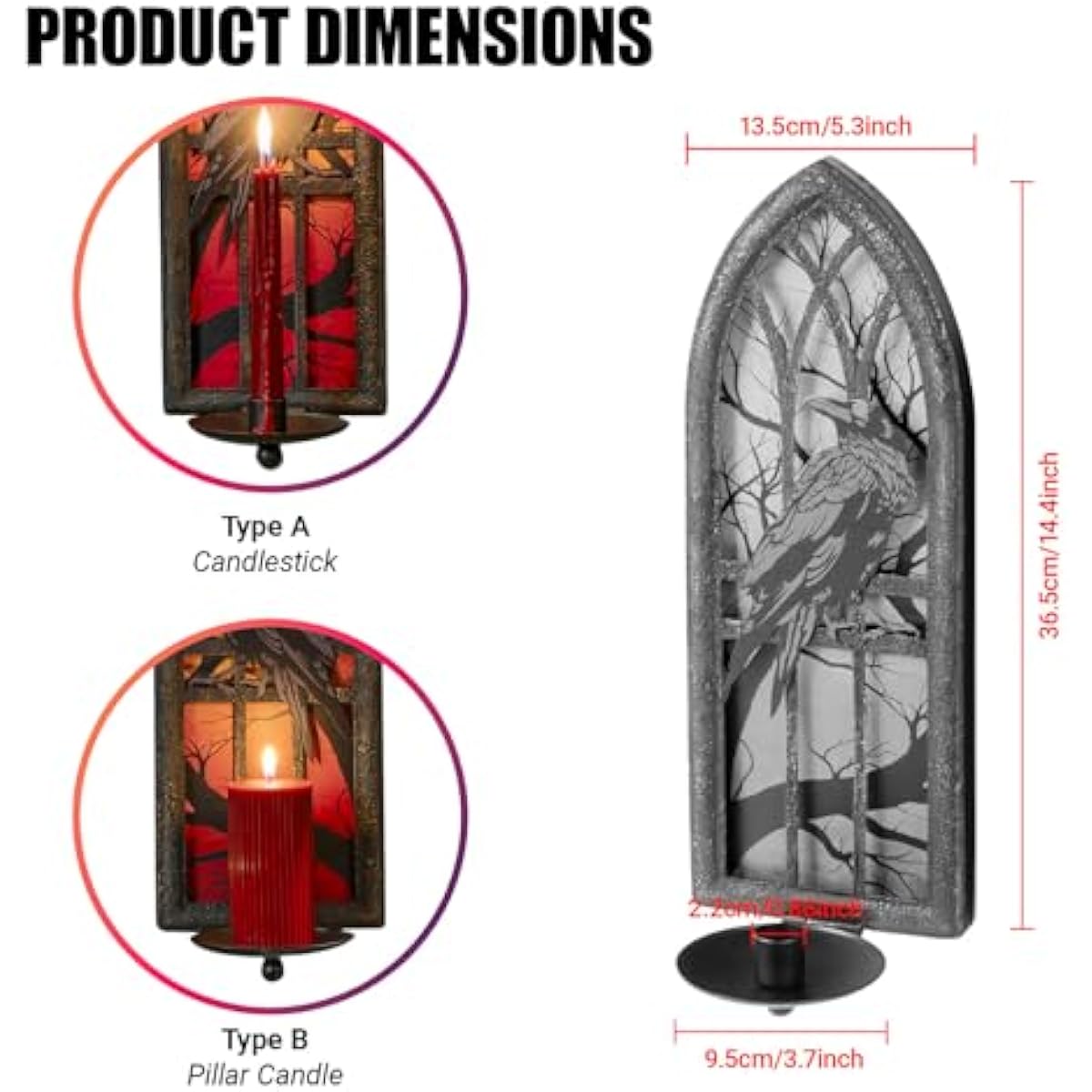Gothic Wall Candle Sconces Set of 2, Wrought Iron Crow Wall Mounted Candelabra Holder with Removable Trays for Taper & Pillar Candles, Medieval Cathedral Window Design, Dark Academia Decor