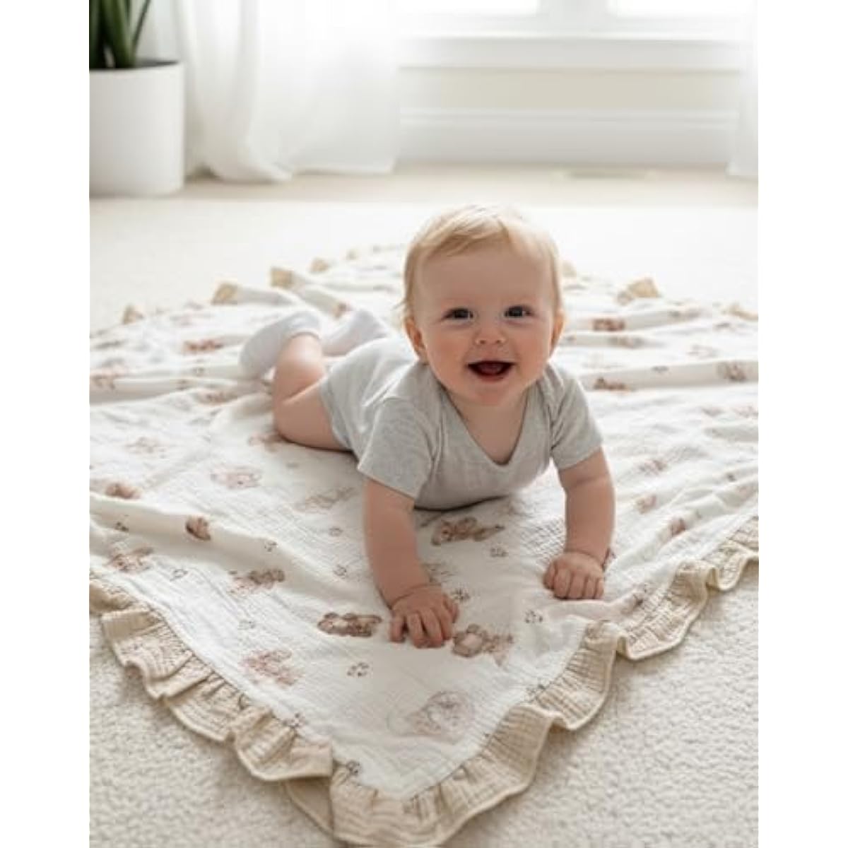 Muslin Ruffled Baby Blanket, Extra Large 52 x 52 Inches, Soft Breathable Cotton Crib Blanket for Newborn Infant Toddler (Hoppy Dreams-Ruffled, Printed)