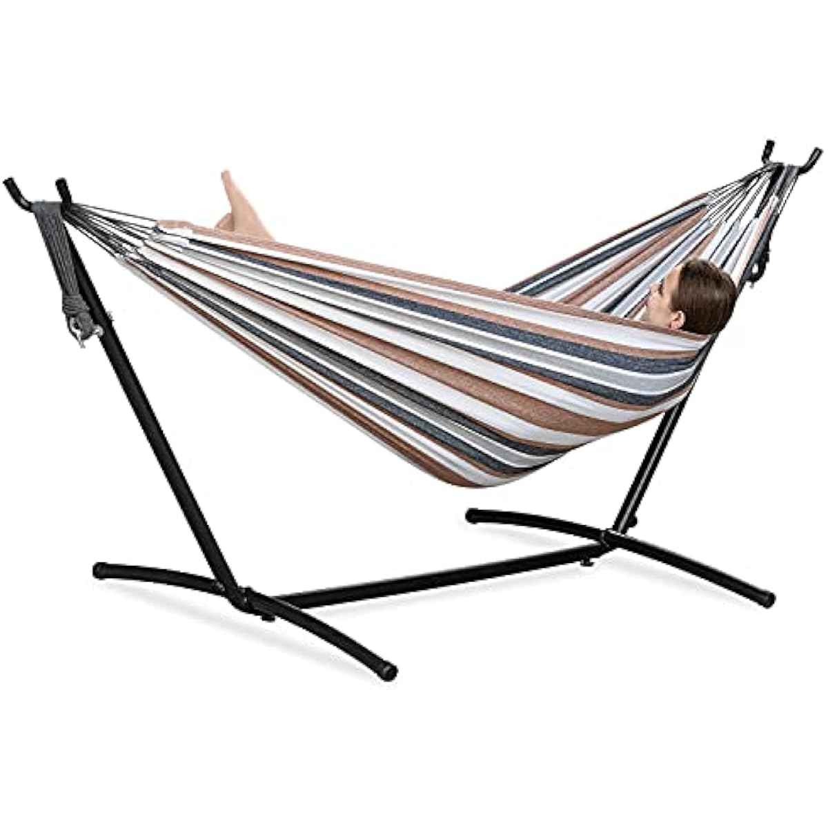 PNAEUT Double Hammocks with Stand for Outside, Portable Space Saving Heavy-Duty Steel Frame for Indoor Outdoor Patio Yard, Easy Assembly, 2 Person 450 lbs Capacity (Coffee)