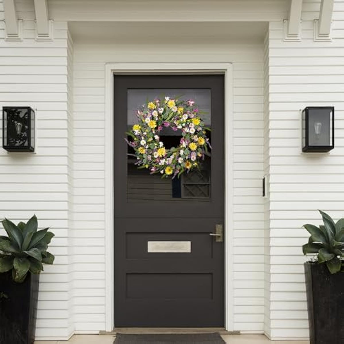 Sggvecsy Daisy and Lavender Wreath 24’’ Wildflower Wreath Spring and Summer Artificial Spring Silk Summer for Front Door Home Wall Wedding Festival Farmhouse Holiday Decor