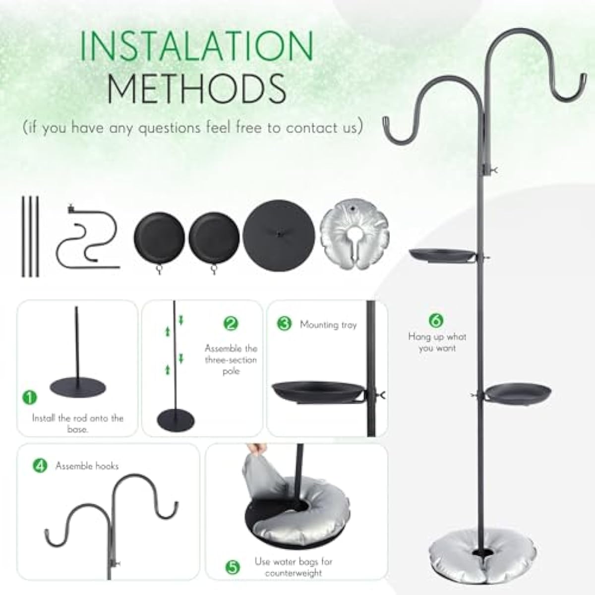 1 Set Upgraded 75.9" Shepherds Hook for Bird Feeder, Hanging Plant Wind Chime Stand, Metal Adjustable Standing Pole Holder for Indoor Outdoor, with 2 Rack & Weight Bag (Classic 2 Hooks)