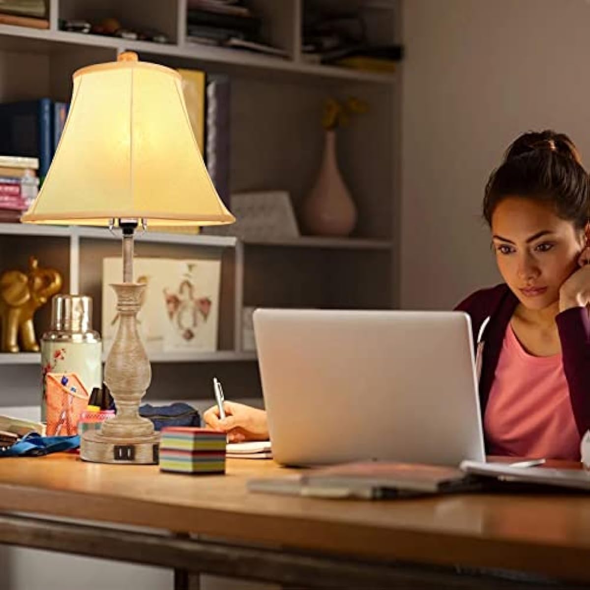 Farmhouse Table Lamp Touch Control 3-Way Dimmable Table Lamp, Modern Nightstand Lamp with 2 USB Port Bedside Desk Lamp with Fabric Shade for Living Room Bedroom Hotel (Pack 1-Beige Shade)