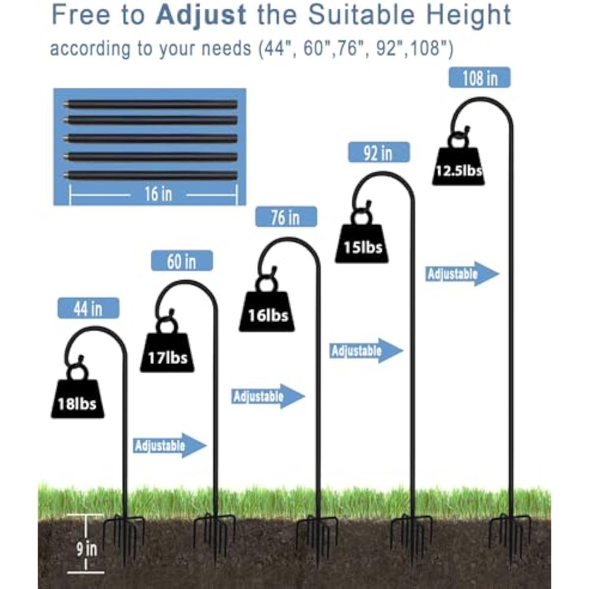 Artigarden 108 inch Outdoor Shepherd Hook with 7 Prong Base (1 Pack), Adjustable Heavy Duty Garden Hanging Stake for Bird Feeder Solar Light Plant Hanger Wedding Decor, Matte Black