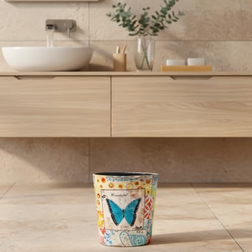 PU Leather Small Trash Can Wastebasket, Round Garbage Container Basket for Bathrooms, Laundry Room, Kitchens, Offices, Kids Rooms, Bedrooms,Dorms,Home Decorative Art Bin, 2.9 Gallon(Blue Butterfly)