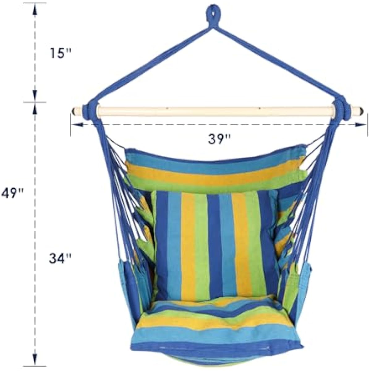 Highwild Hammock Chair Hanging Rope Swing - Max 500 Lbs - 2 Cushions Included - Steel Spreader Bar with Anti-Slip Rings - for Any Indoor or Outdoor Spaces (Blue Striped)