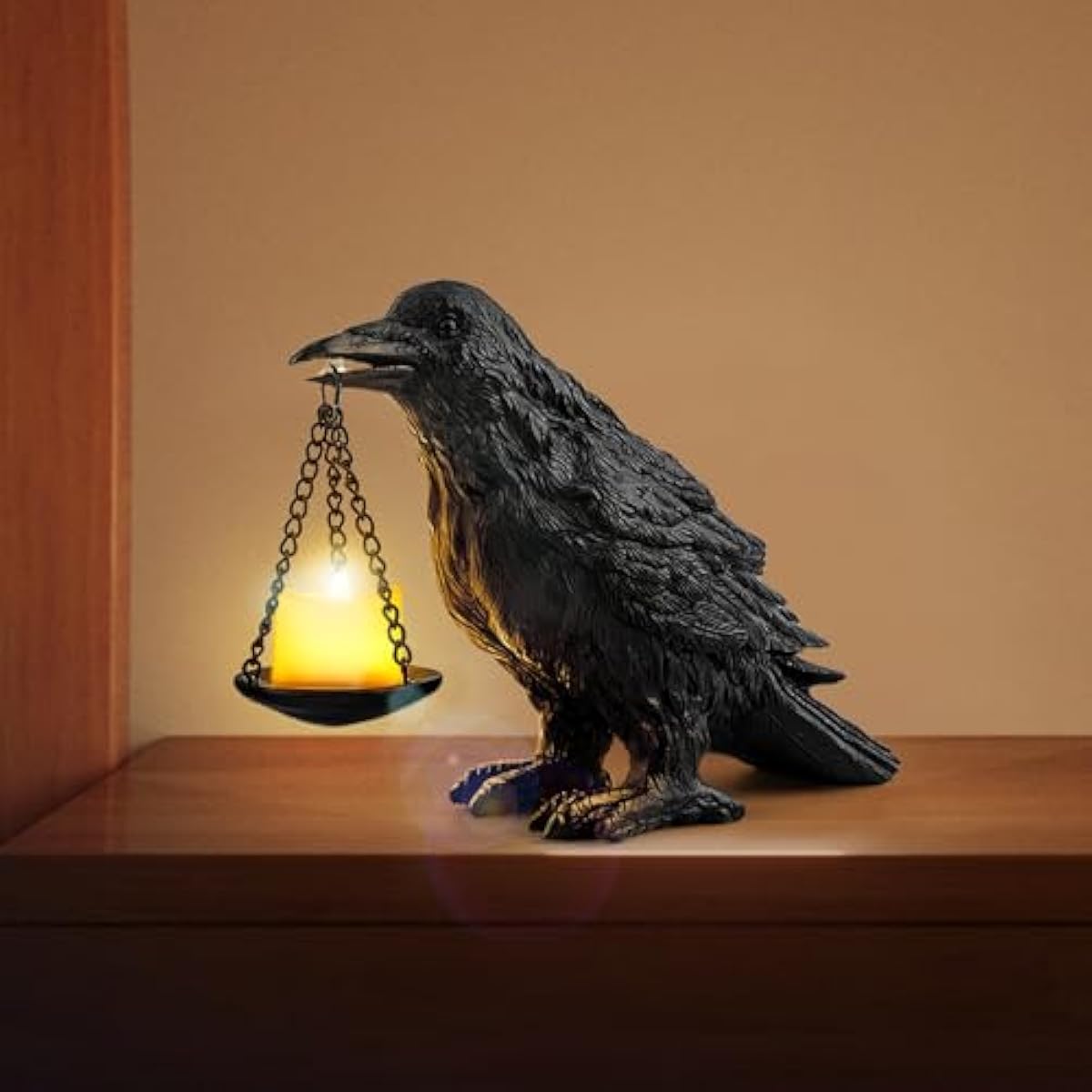 Gothic Crow Lamp with Tealight Candle Holder Resin Raven Decor Statue Gothic Home Decor for Bedroom Unique Goth Gifts Black