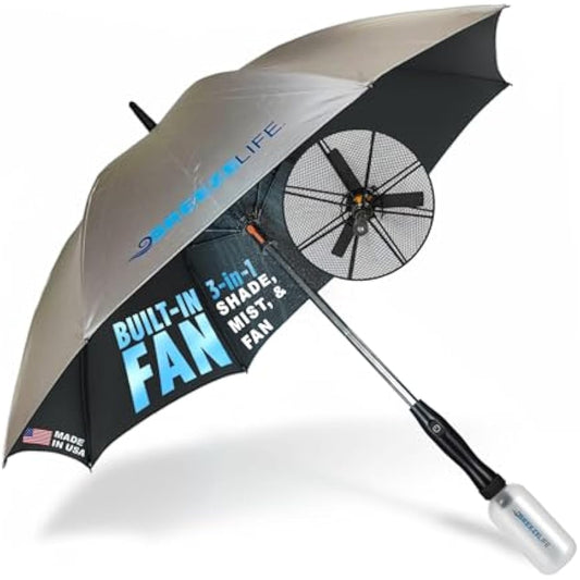 Breeze Life Original Mister Breeze (Silver Design) – Sun Umbrella with Fan and Mist Spray – Portable Fan Umbrella with Mister, 41" UV Shade, 3–4 Hr Runtime – Ideal for Festivals, Beach & Sports