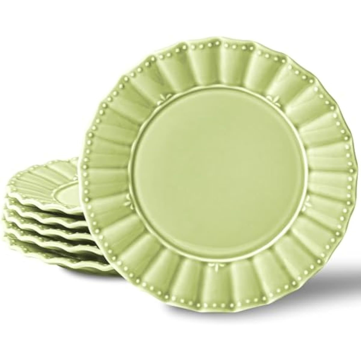 HOMBENE Dessert Plates 8 Inches Set for 6 Ceramic Serving Plates, Plates for Cake Waffles,Wavy Style, Snacks, Pasta, Noodle,Dinner, Microwave & Dishwasher Safe (Mint Glow Green)
