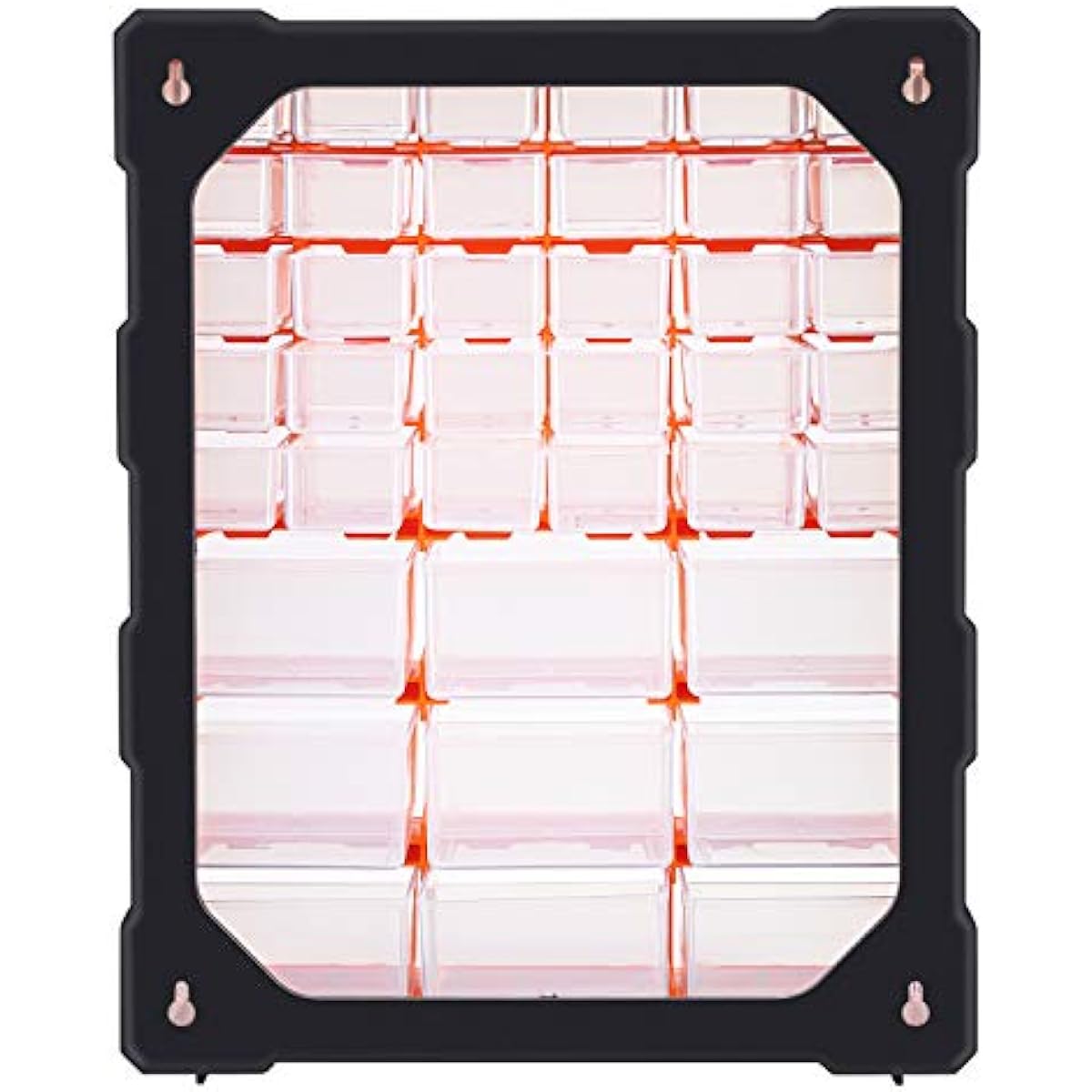 Amazon Basics Wall Mount Hardware and Craft Storage Cabinet Organizer with 39 Drawers, Plastic Garage Organization System with Dividers for Small Parts, Black, Orange, 15" x 6.3" x 18.6"