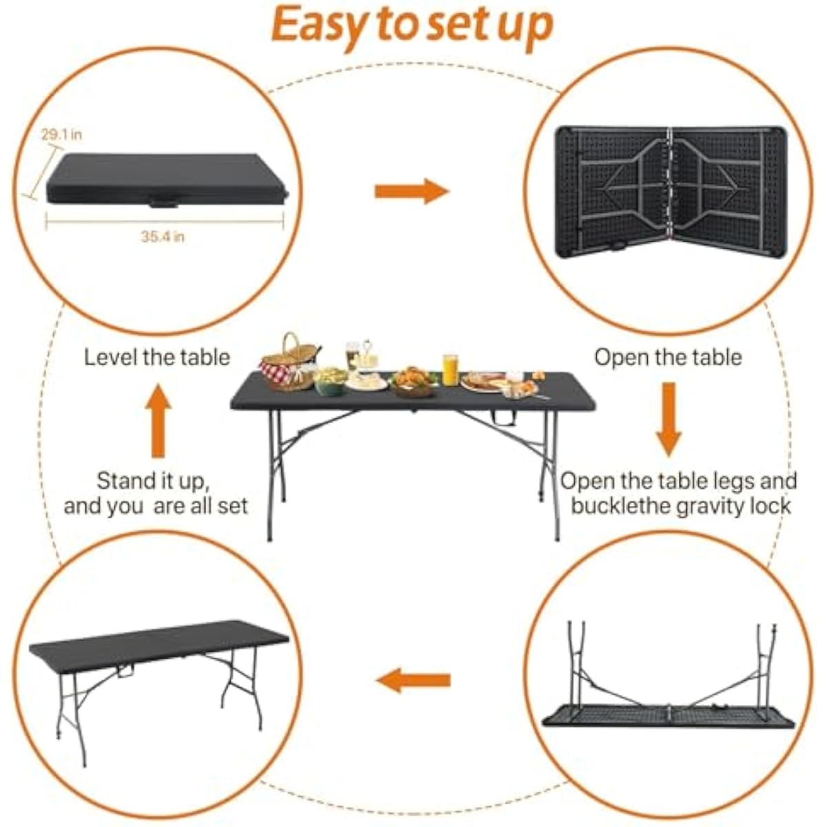 6ft Folding Table - Heavy Duty Portable 6 Foot Plastic Table with Fold-in-Half Design & Carry Handle, Indoor Outdoor Utility Table for Dining, Camping, Parties, Picnics, Tailgating (6FT, Black) ﻿