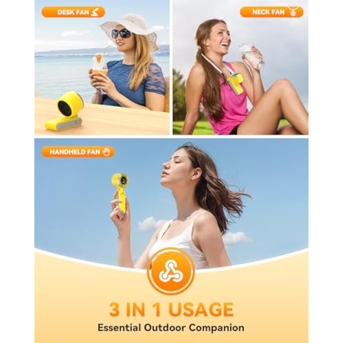PlayHot Portable Handheld Turbo Fan, 5-Speed Personal Fans, 5000mAh Rechargeable Fans Up to 12 Hours, Weight only 0.6lb Small Fan, Hand/Neck/Desk Fan 3 IN 1, Beach Vacation Essentials(Yellow)