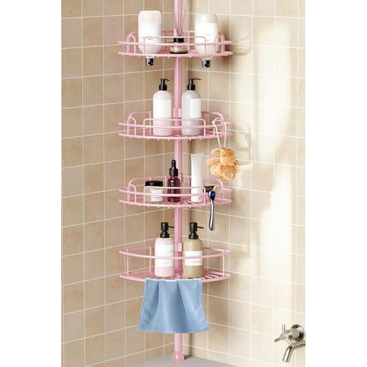 HAMITOR Corner Shower Caddy Tension Pole: 4-Tier Rust-Resistant Adjustable Bathroom Organizer Shelves - 47-121 Inch No-Drill Quick Installation - Space-Saving Storage for Renters Family - Pink