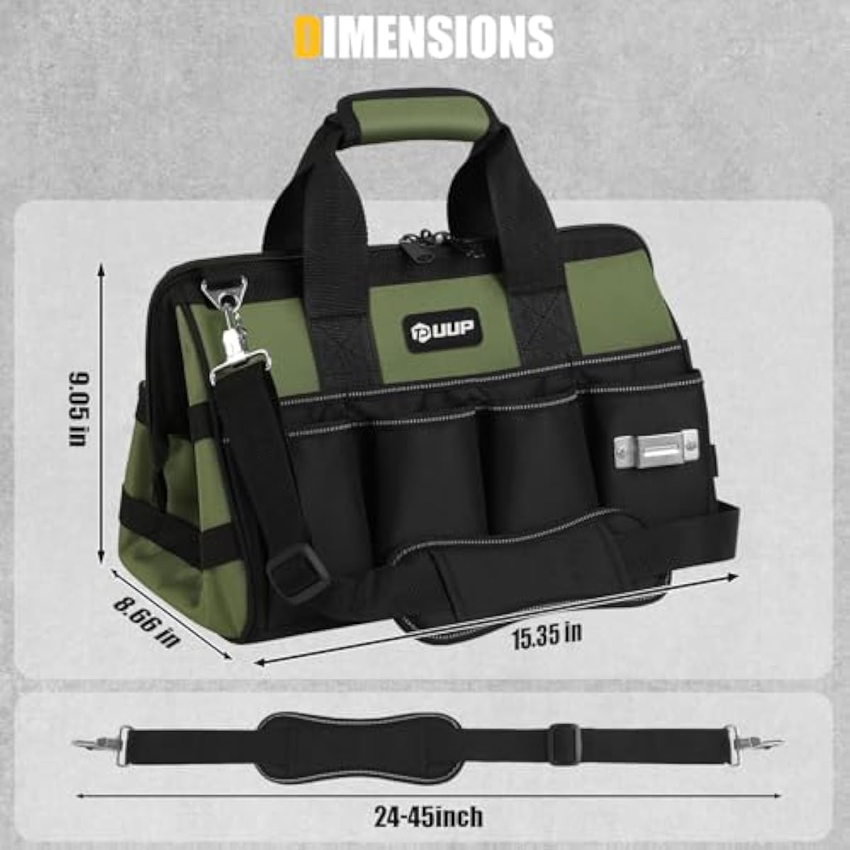 Heavy Duty Tool Bag 15-Inch, 16-Pocket Portable Empty Tool Box Organizer, Big Storage Toolbox Organization, Soft Handle Large Zipper Carrying Toolbag, Father Day Gifts for Him Dad Men, Green