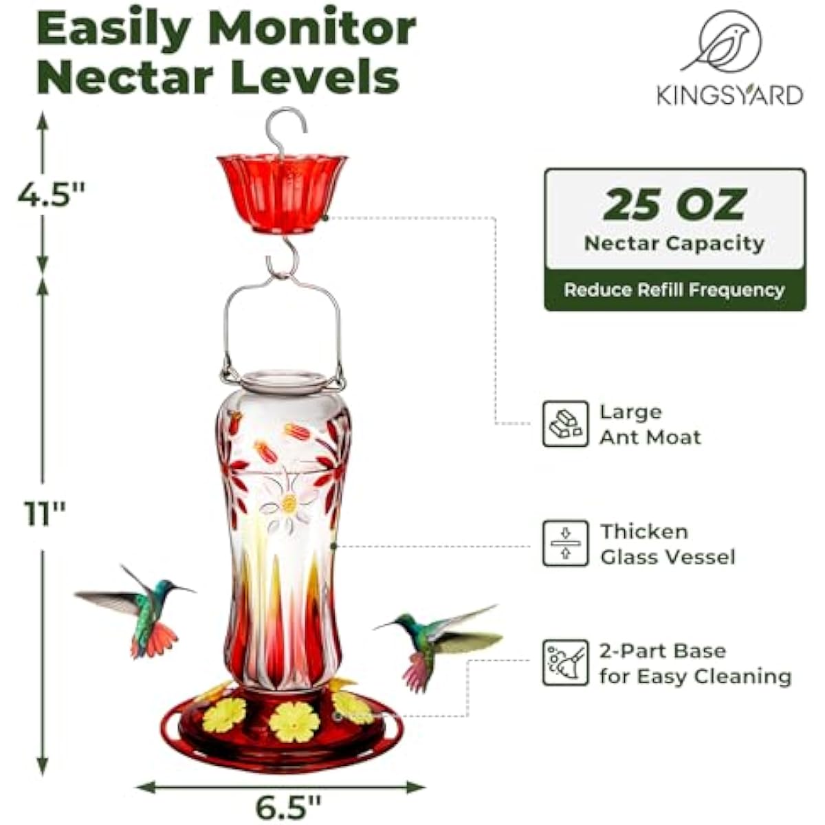 Kingsyard Glass Hummingbird Feeders for Outdoors Hanging, 25 oz Leak Proof Hummingbird Feeder with Ant Moat & 6 Bee Proof Feeding Ports, Red