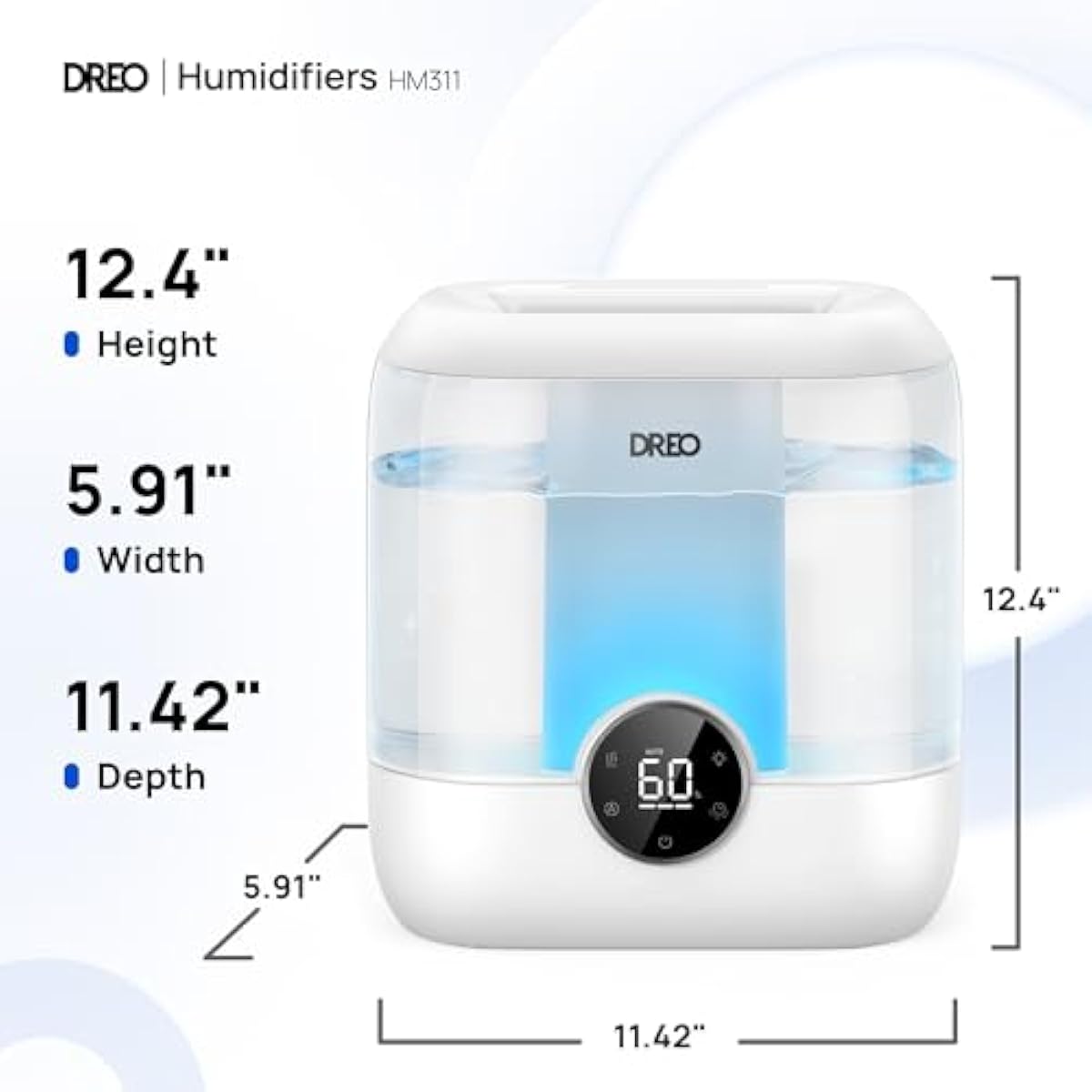 DREO Humidifiers for Bedroom, 6L Easy to Fill & Clean, 60H Runtime for Large room, 28 dB Quiet Cool Mist Air Humidifier for Plant, Baby Nursery, Home, Indoor, Night Light, Precise Humidity Control