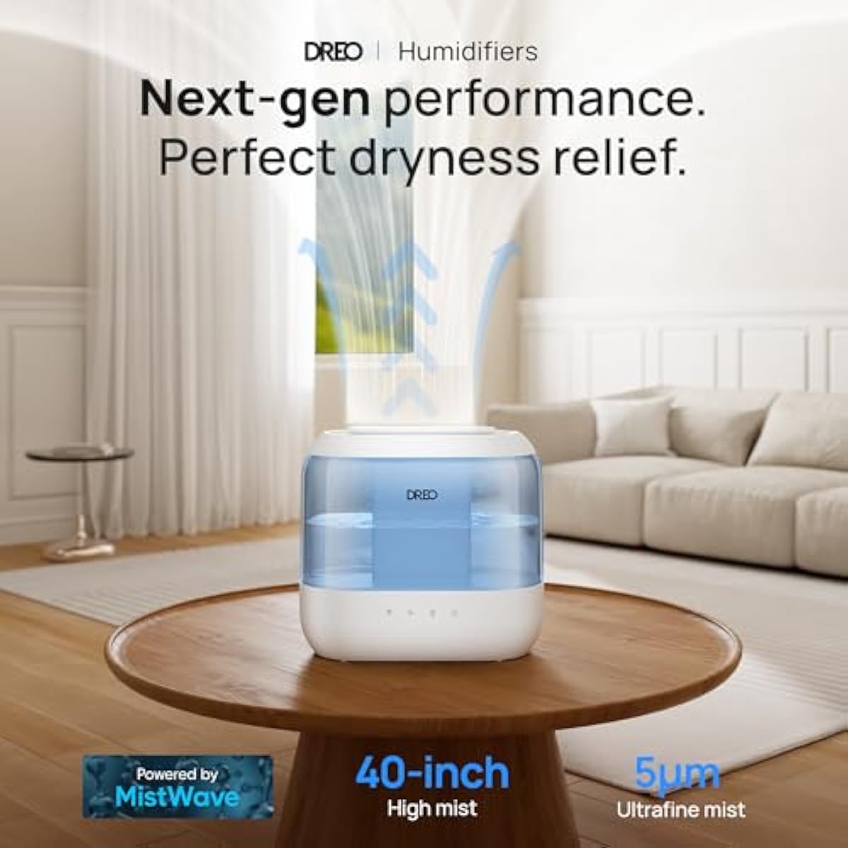 Dreo Humidifiers for Bedroom, 4L Top Fill for Large Room, 36H Runtime, 28 dB Quiet Supersized Cool Mist Air Humidifier for Baby Nursery, Plants, Indoor, Night Light, Easy to Clean & Fill, Blue
