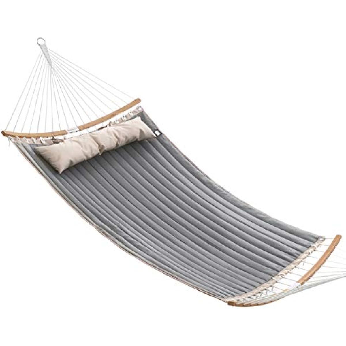 SONGMICS Hammock, Quilted Hammock with Curved Bamboo Spreaders, Pillow, 78.7 x 55.1 Inches, Portable Padded Hammock Holds up to 495 lb, Gray and Beige UGDC34CG