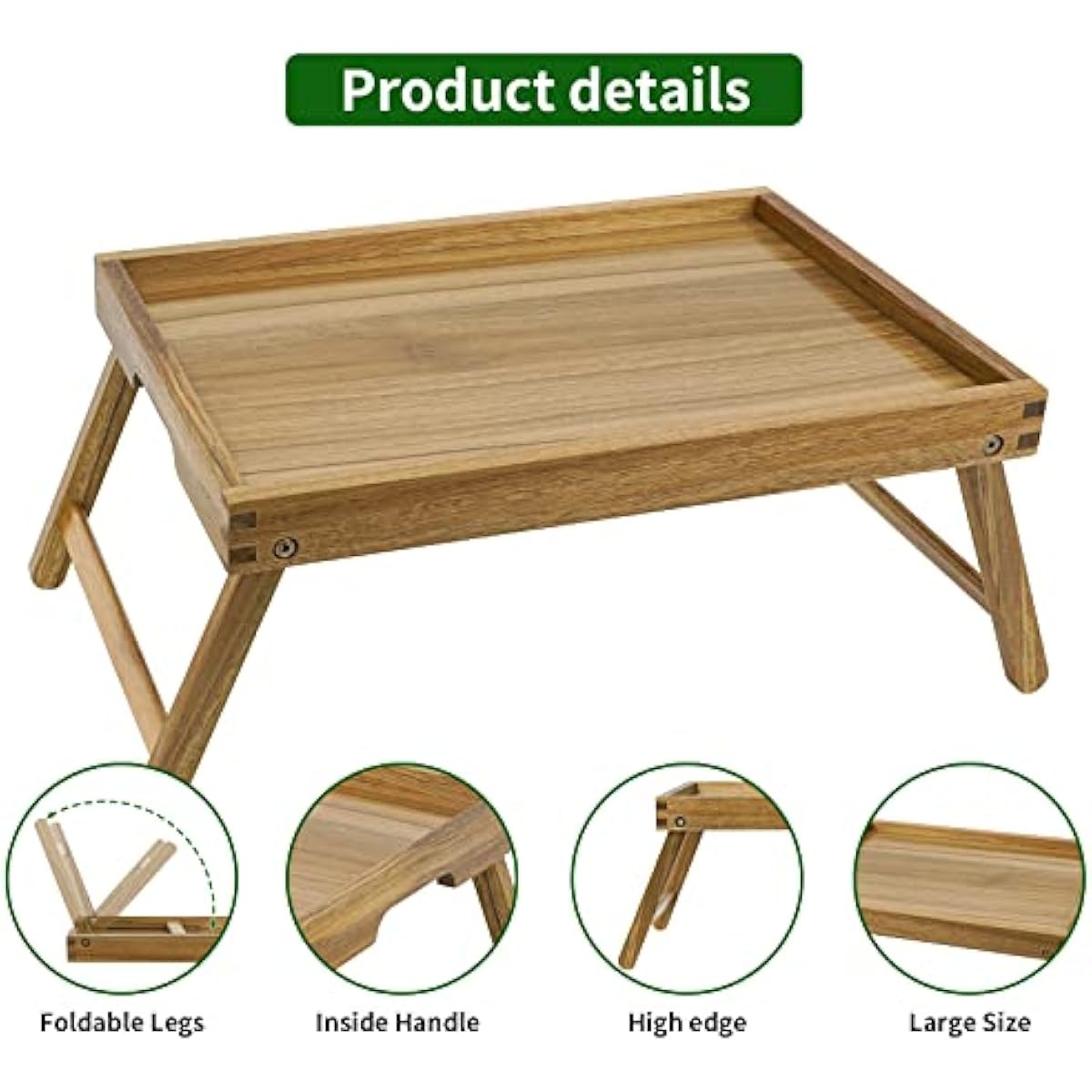 VaeFae Acacia Bed Table Tray, Wooden Breakfast Tray with Folding Legs, Bed Tray for Eating and Laptop, Eating Trays for Bedroom