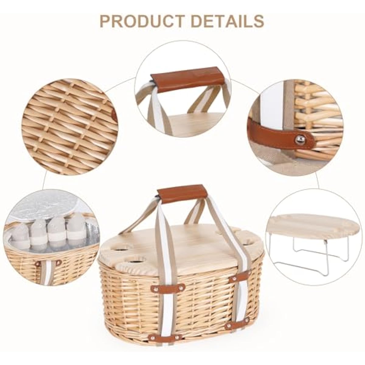 Picnic Basket Set for 4 - Wicker Insulated Picnic Basket with Folding Wine Table, Wine Picnic Kit with Liner for Couples, Camping, Outdoor, Valentine (WhiteFlower)