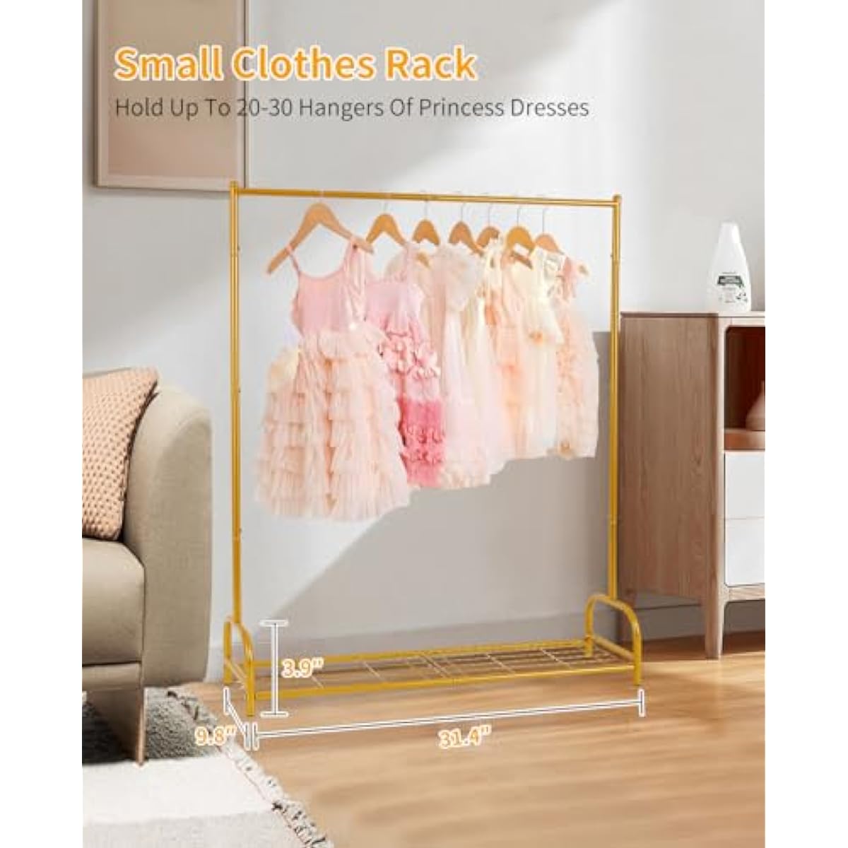 AUPSEN Kids Clothing Rack with Bottom Storage Shelf, Metal Toddler Dress Up Rack for Little Girls, Kids Dress Up Clothes Storage for Coats, Skirts, Dance Costume（Gold）