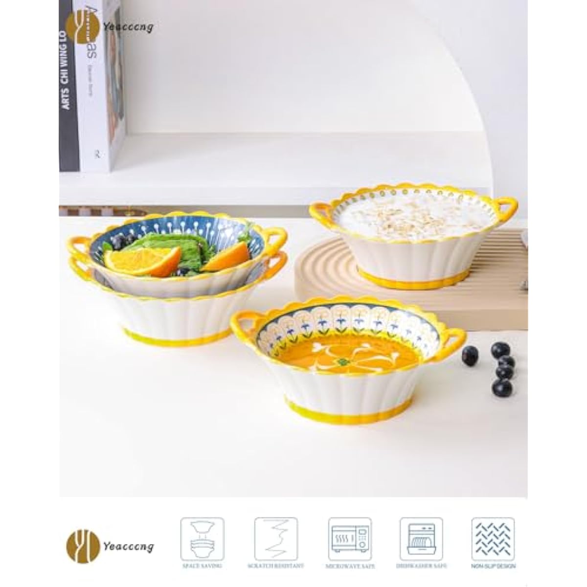 Yeacccng Bohemian Soup Bowls with Handles Set of 4, 20 Oz Indented Grooved Ceramic Bowls, 6.5 Inch French Onion Soup Bowls, Lead-Free, Scratch-Resistant, Oven/Microwave Safe