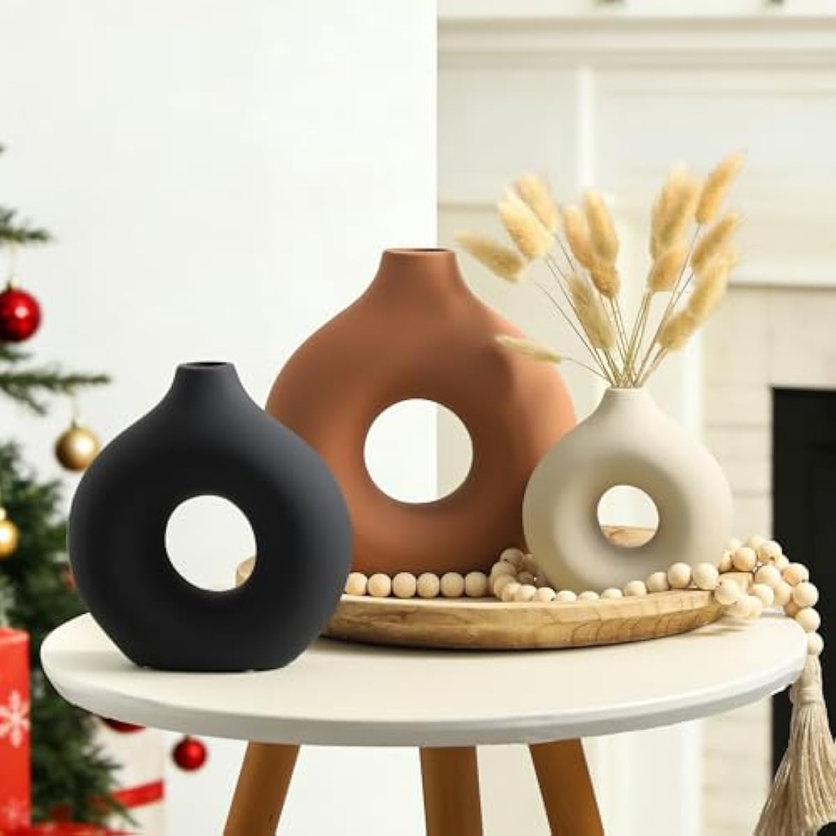 Ceramic Vase Home Table Decor - Flower Vases Set of 3 Small Living Room Centerpiece Decorations for Shelf Bedroom Office Kitchen Dining Desk Modern Aesthetic Farmhouse Decorative (Rust)