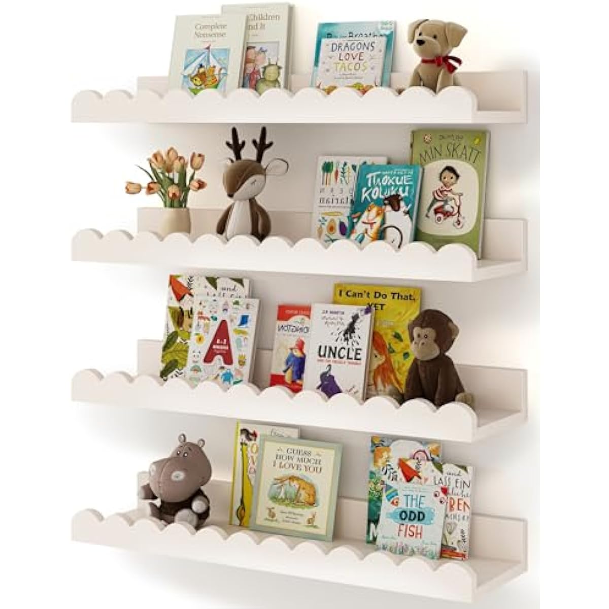 Shario Nursery Book Shelves, 4-Pack White Floating Shelves for Wall Kids, Scalloped Shelves, Wall Book Shelves for Bedroom Kids, Toddler Room, Baby Room, Nursery Decor