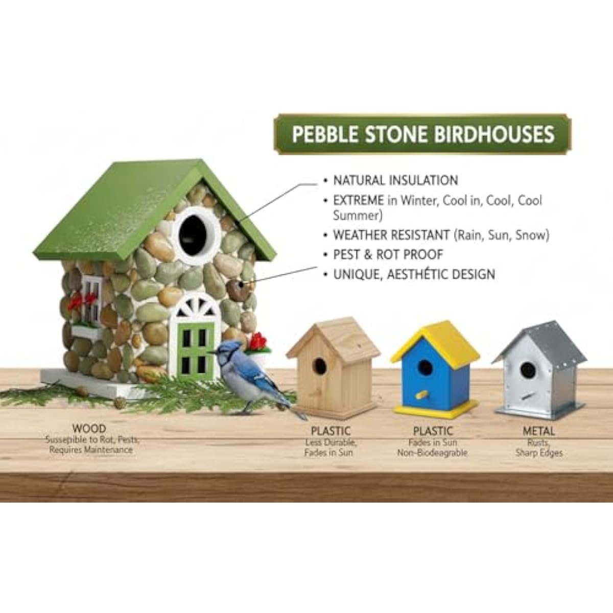 Masterpiece Bluebird House for Outside Clearance,Hanging Bird House for Outdoor, Stone Villa, River Pebbles Birdhouse for Outside, Garden Statue Solid Wood Longtime Lasting, Post Pole Mountable