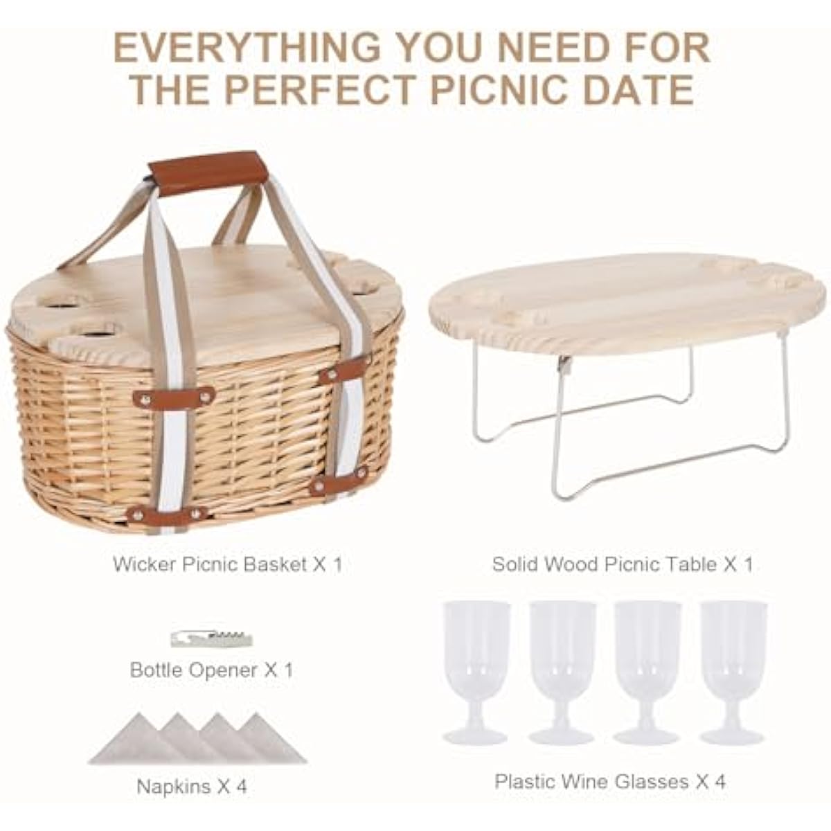 Picnic Basket Set for 4 - Wicker Insulated Picnic Basket with Folding Wine Table, Wine Picnic Kit with Liner for Couples, Camping, Outdoor, Valentine (WhiteFlower)