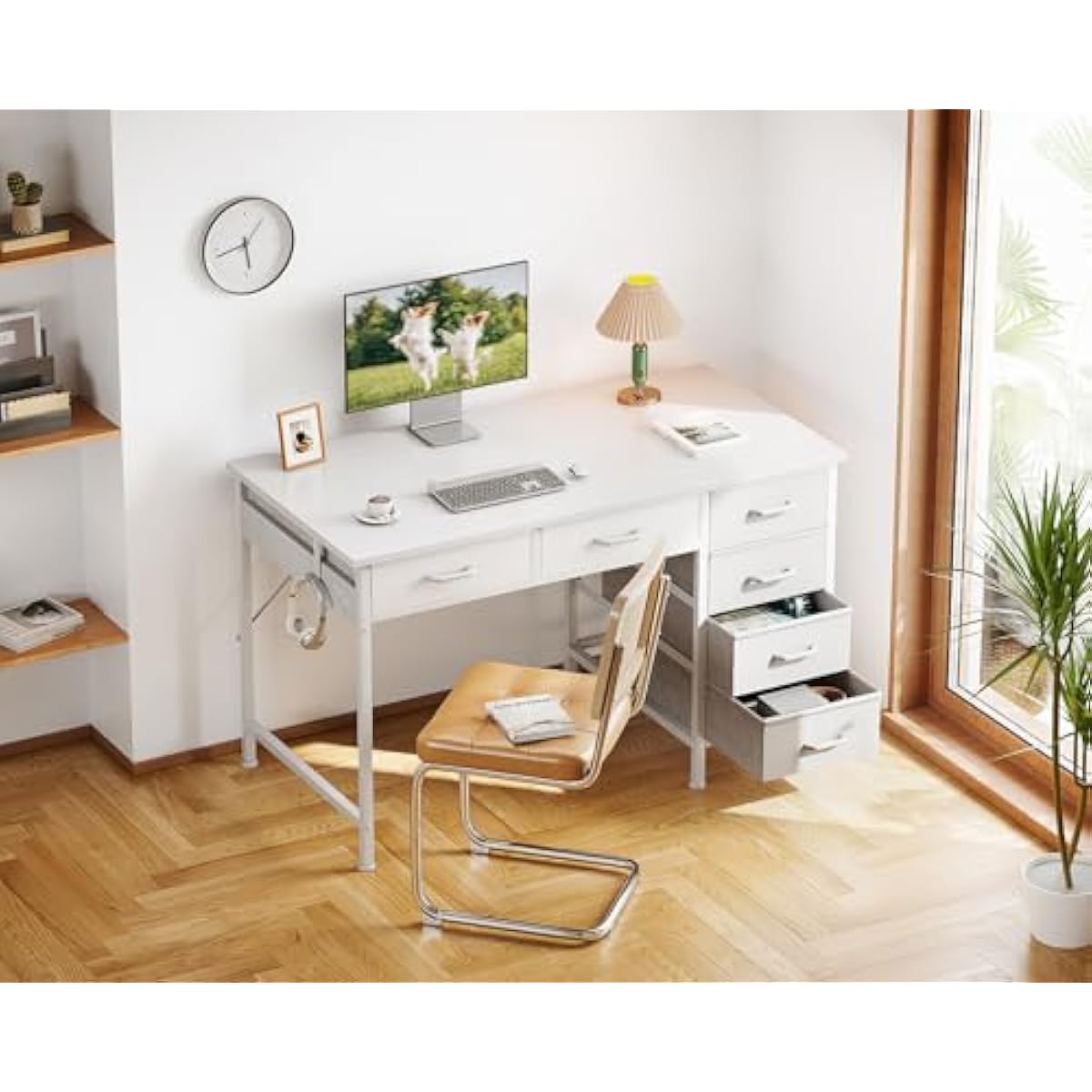 ODK Computer Desk with 6 Drawers, 40 Inch Small Desk with Storage, Reversible Desk with Headphone Hook for Home Office, Work Study Table for Bedroom, White