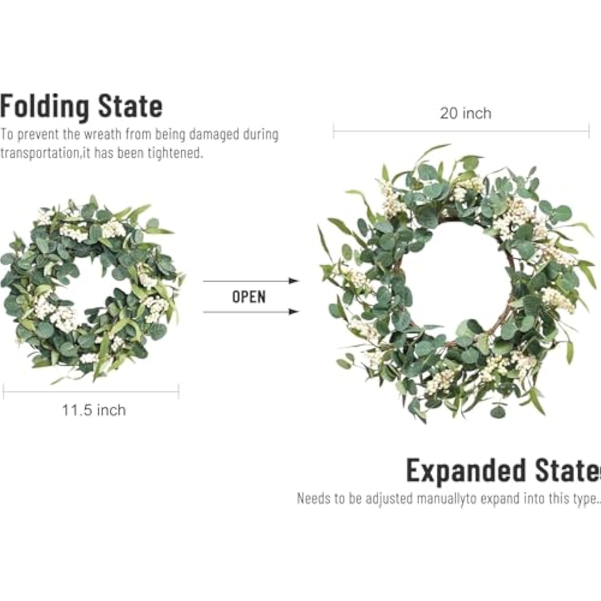Pinkpum 20'' Eucalyptus Wreath for Front Door, Porch, Window - Green Decor for Home, Farmhouse - Spring, Summer, Fall, All Seasons