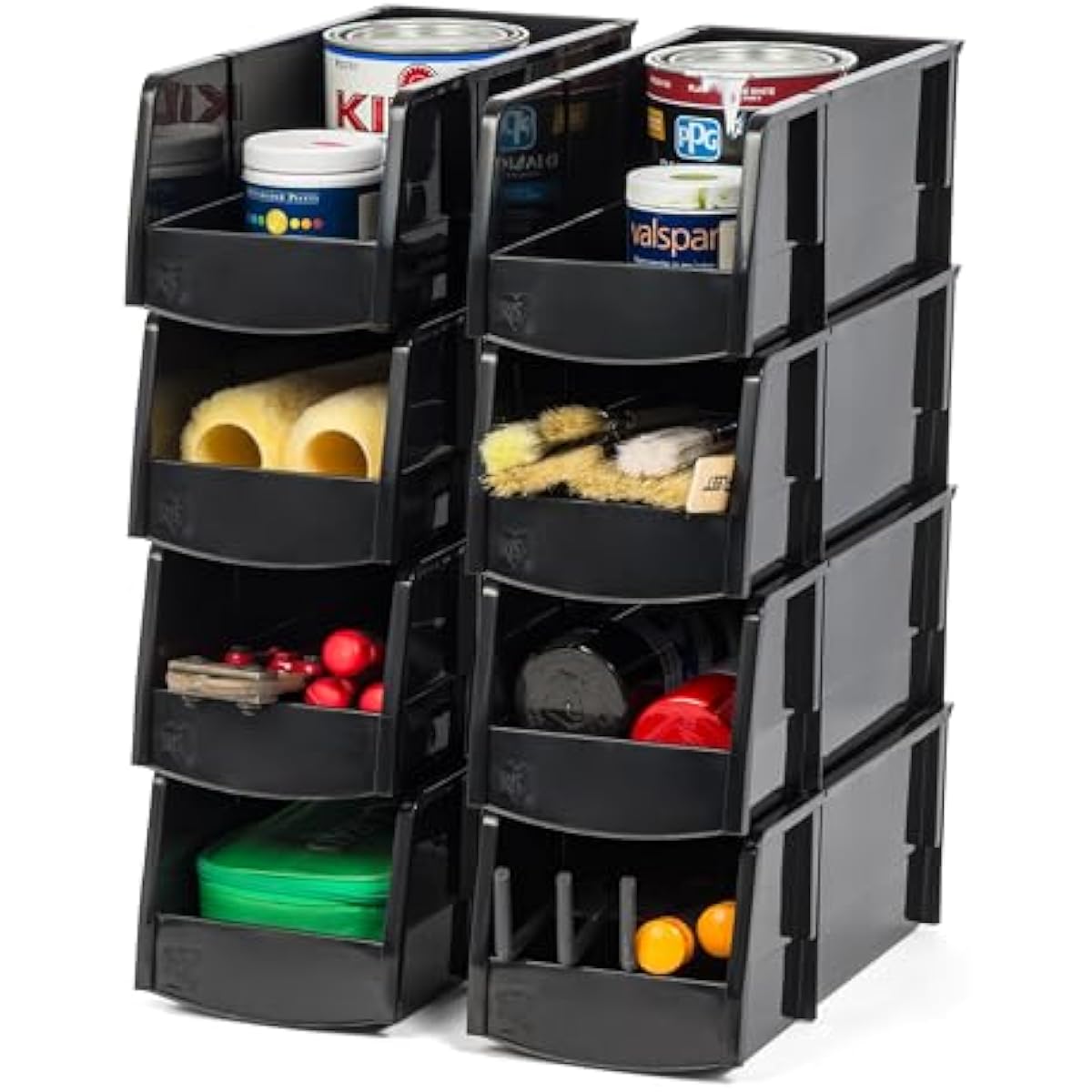 IRIS USA Large Stackable Storage Bins, 8-Pack, 13"L x 6"W x 5"H, |Made in USA|, Plastic Open Front Shelf Bin for Organizing Parts, Hardware, Tools, Supplies, Garage Shelf, Pantry - Black