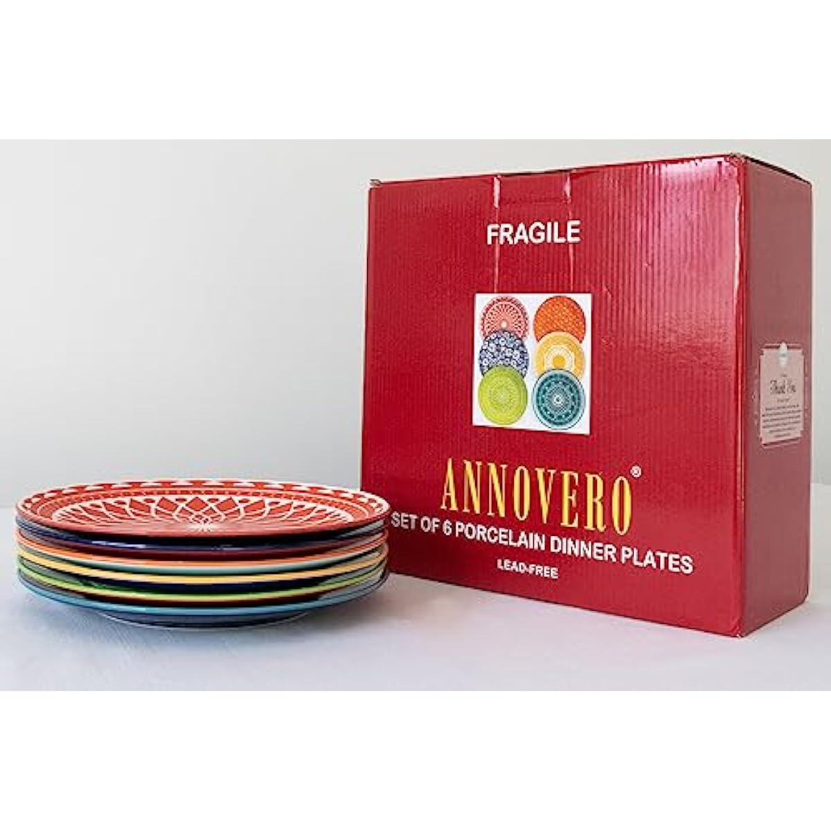 Annovero Dinner Plates - Mismatched Colorful Dinnerware Set of 6 - Fun Decorative Cute Boho Kitchen Dishes - Zero Lead & Cadmium - 10.5 Inch Diameter