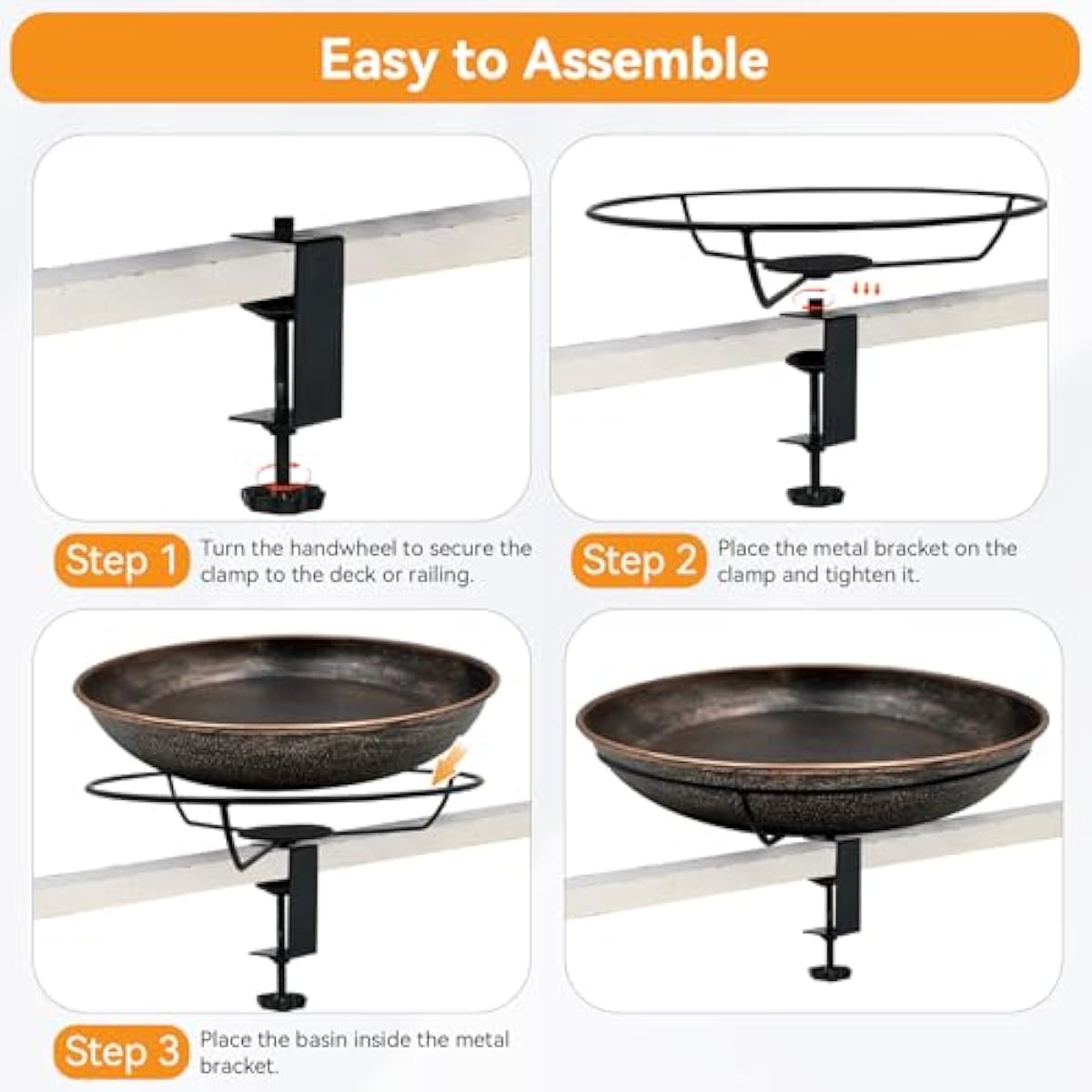 Deck Mounted Bird Bath, Easy to Clean12 Detachable Bath Bowl, Metal Birdbath for Outside with Sturdy Adjustable Clamp for Railing Balcony Fence Outdoor Decor 0.7 Gallon