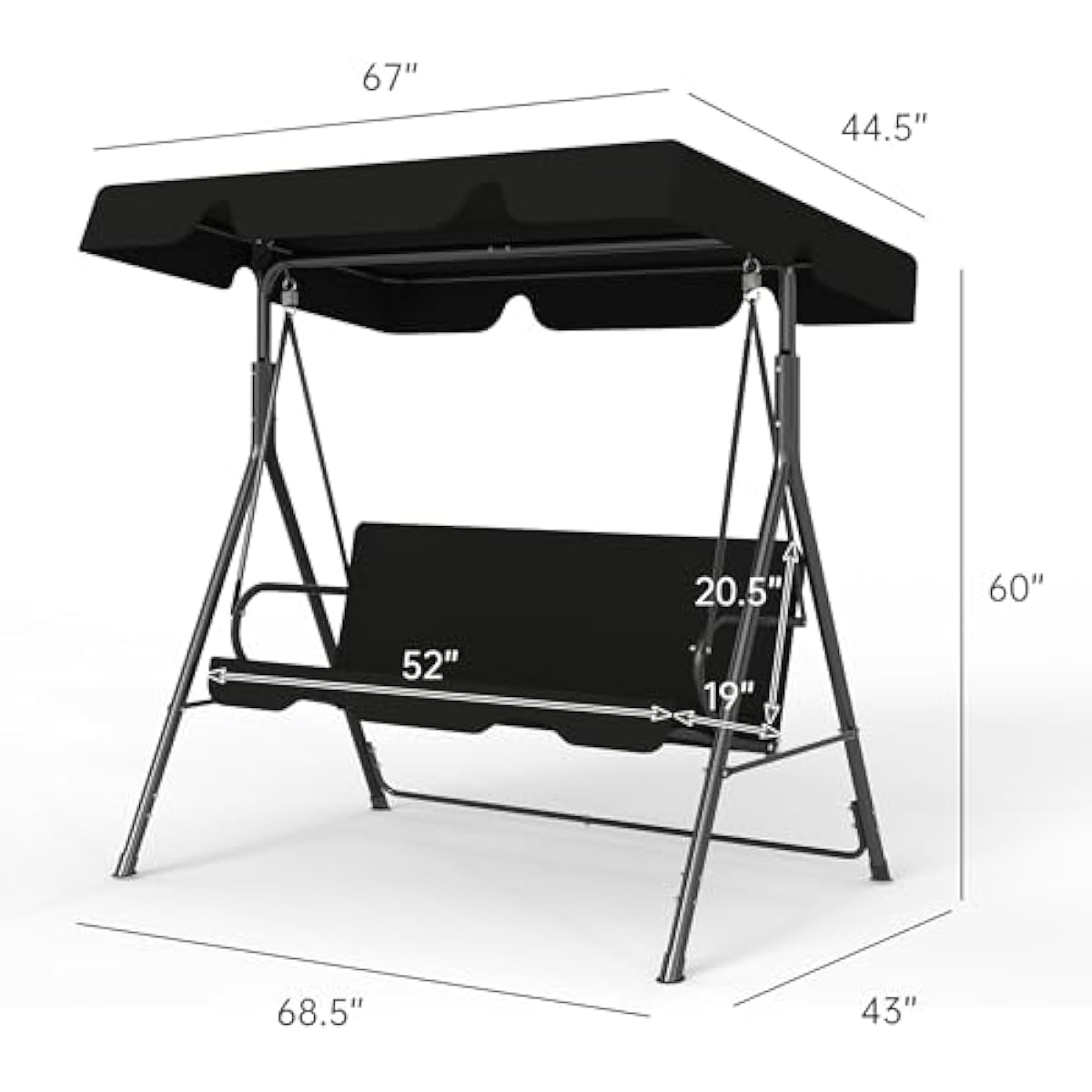 Murago Outdoor Patio Swing Chair with Adjustable Canopy, Outdoor Patio Glider Swing with Heavy Duty Stand for 3 Adult Persons, Ideal for Deck, Lawn, Backyard, or Porch, Black