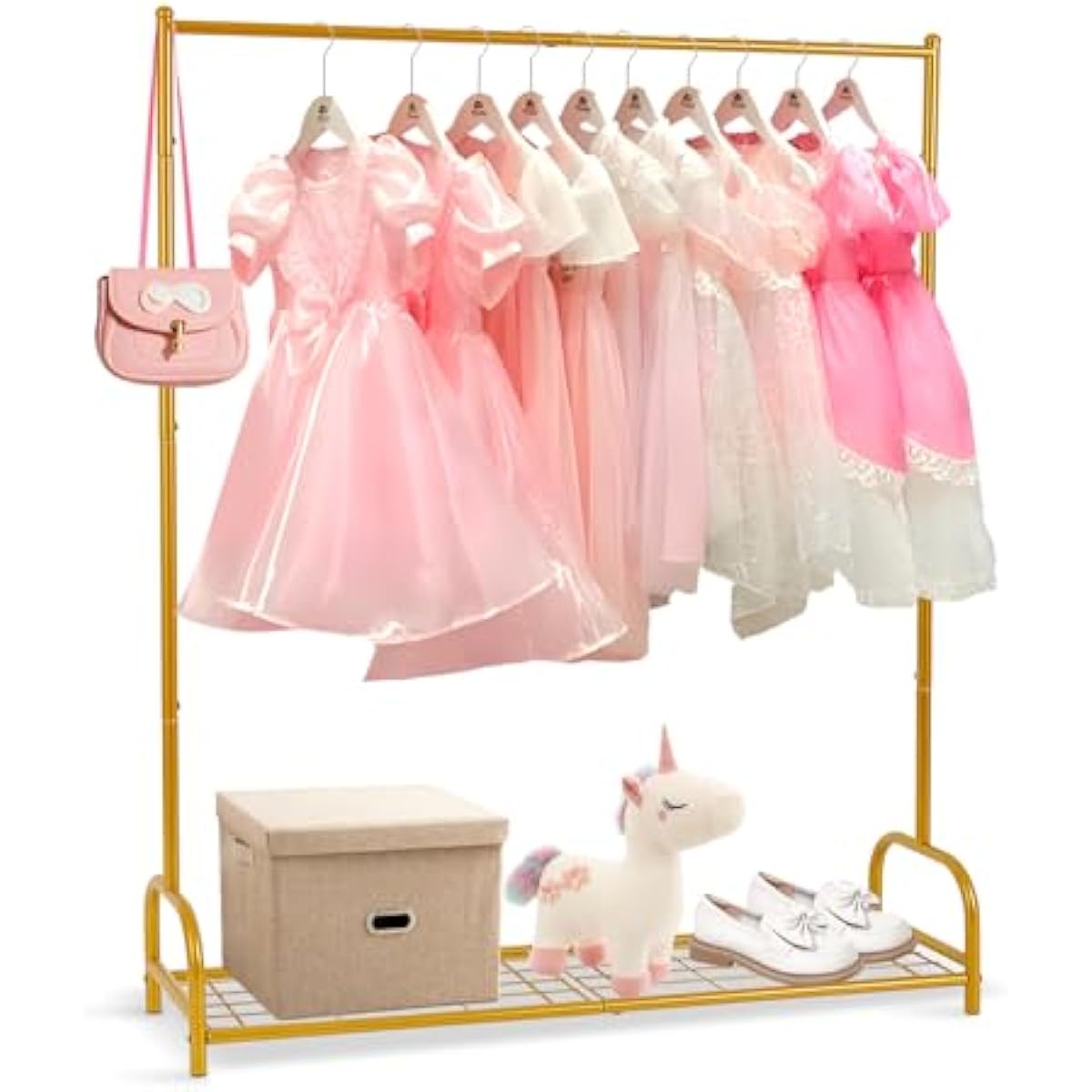 AUPSEN Kids Clothing Rack with Bottom Storage Shelf, Metal Toddler Dress Up Rack for Little Girls, Kids Dress Up Clothes Storage for Coats, Skirts, Dance Costume（Gold）