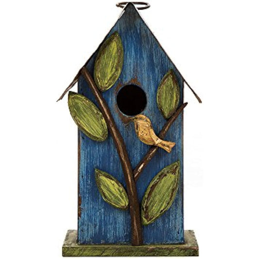 Glitzhome Bird Houses for Outside, 9.7" H Hanging Bird House for Outdoor, Patio Garden Decorative Pet Cottage Distressed Wooden Birdhouse for Bluebird Hummingbird Wren Finch Cardinals, Blue Leaves