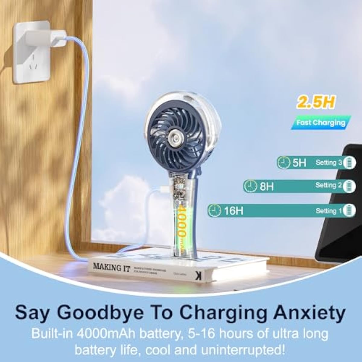 HandFan 4000mAh Upgraded Handheld Misting Fan, 50ml Water Tank, Rechargeable Personal Mister Fan Portable AC, Spray Water Mist Fans, Foldable Cooling Ice Fans for Beach Travel Disney(Royal Blue)