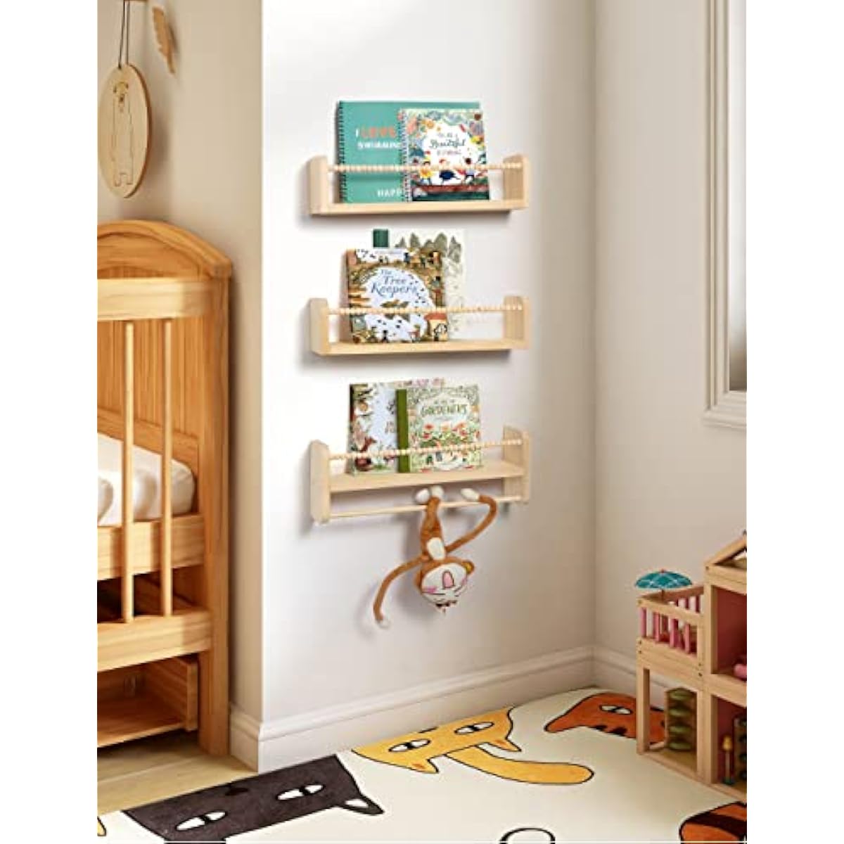 Nursery Floating Shelves for Wall, Set of 3 Book Shelves Natural Wood Wall Mounted Organizer with Towel Bar Hanging Bookshelves Nursery Decor for Kids Room, Bedroom and Kitchen