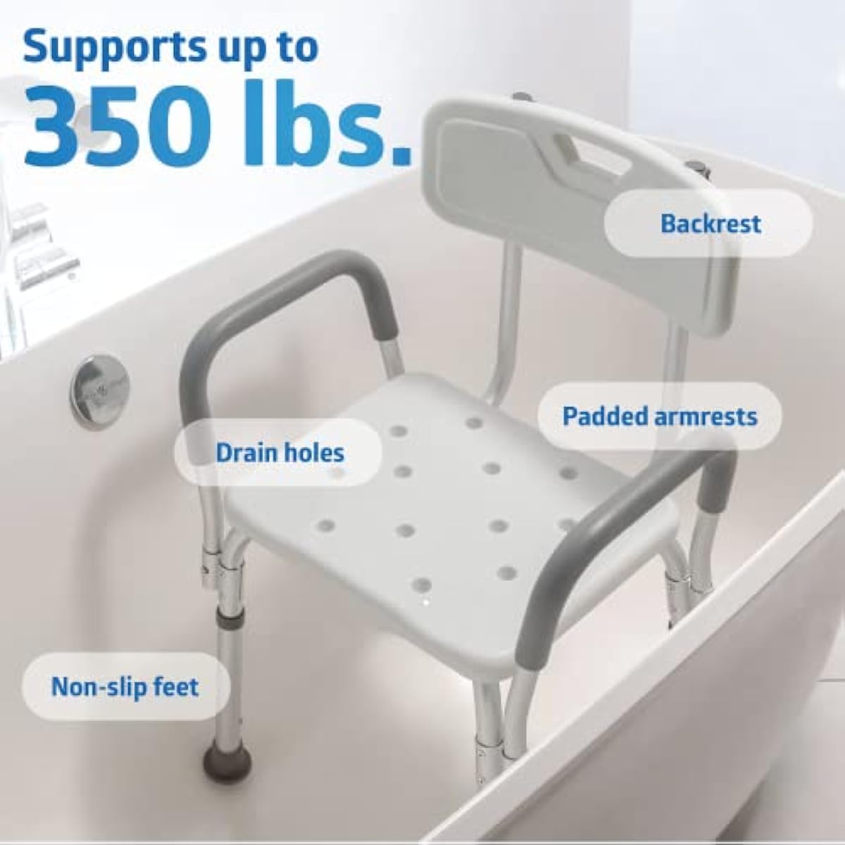 Medline Shower Chair for Elderly, Seniors, Adults & Disabled - Heavy Duty Shower Seat with Padded Arms and Back for Inside Shower, Adjustable Height Bath Stool for Bathtub, 350 lb, Slip Resistant