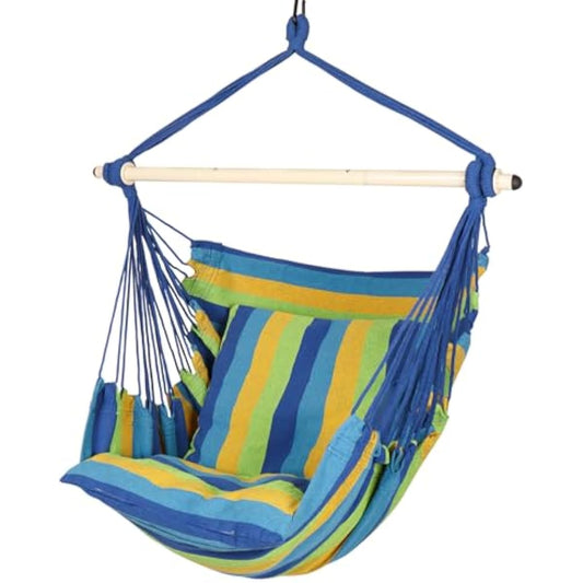 Highwild Hammock Chair Hanging Rope Swing - Max 500 Lbs - 2 Cushions Included - Steel Spreader Bar with Anti-Slip Rings - for Any Indoor or Outdoor Spaces (Blue Striped)
