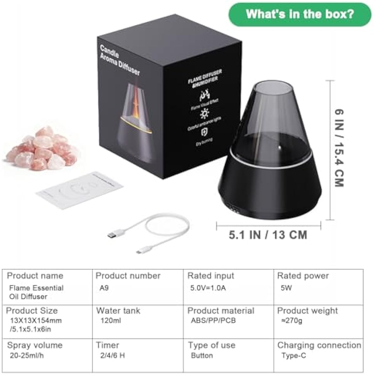 Flame Essential Oil Diffuser, Aromatherapy Diffuser with 7 Colors Firelight, Ultrasonic Cool Mist Mini Flame Humidifier Diffuser with Waterless Auto-Off & Timer for Home Office (Black)
