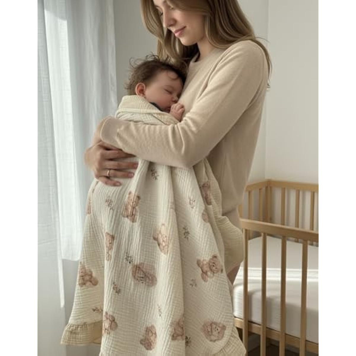Muslin Ruffled Baby Blanket, Extra Large 52 x 52 Inches, Soft Breathable Cotton Crib Blanket for Newborn Infant Toddler (Hoppy Dreams-Ruffled, Printed)