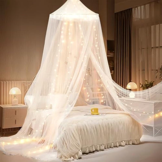 Bed Canopy with Lights, Bed Canopy for Girls Princess with Luminous Stars, Canopy Bed Curtains for Twin Size Bed, Baby Kids Adult Indoor Decor Bedroom Reading Nook Outdoor Camping, White