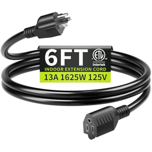16/3 Black Extension Cord 6 FT Indoor, Short Extension Cord for Laptops, Coffee Makers, Office Home Appliances, 3 Prong Small Resistant Cable Flexible, 13A 125V 1625W ETL Listed