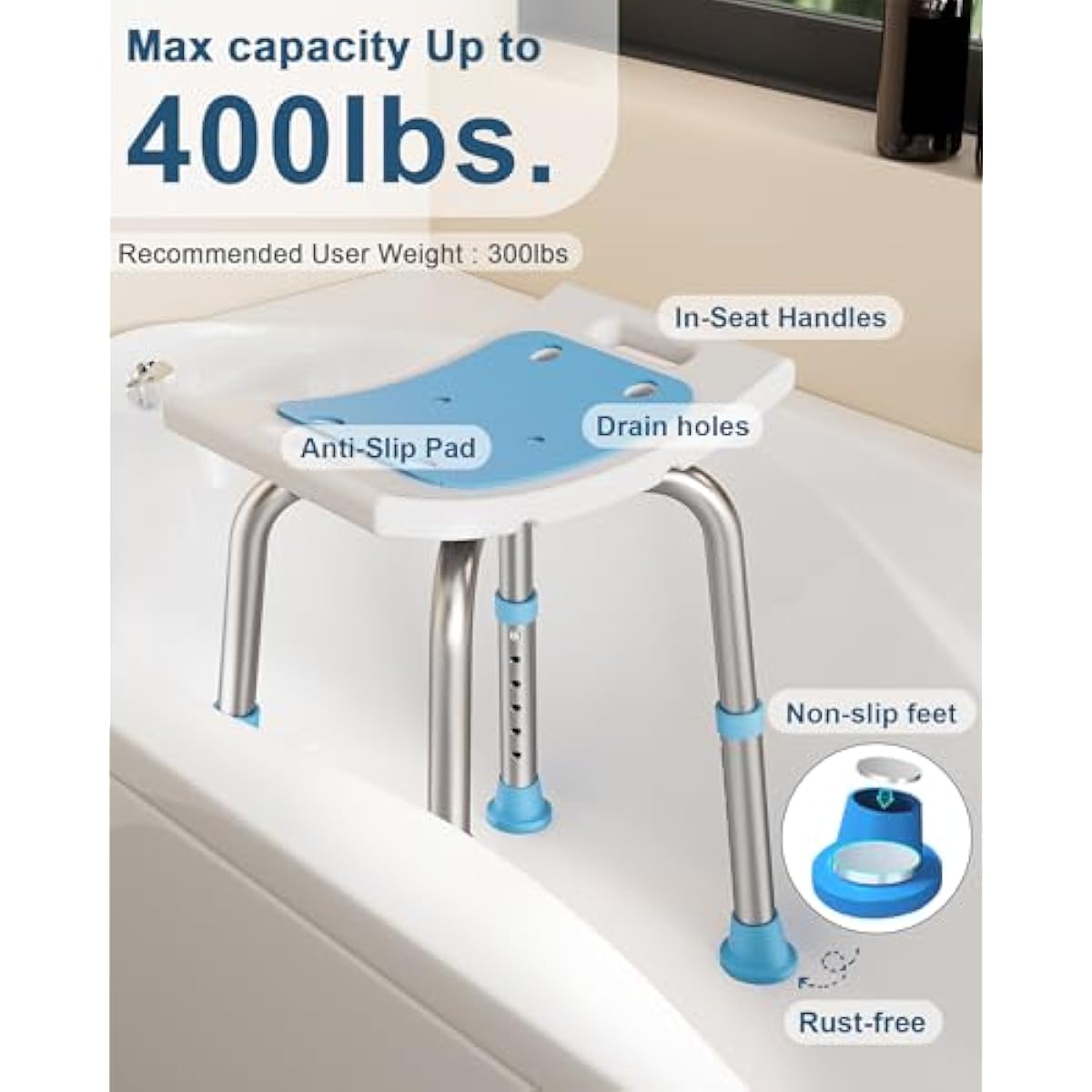 HOMLAND Shower Chair for Inside Shower, 400 lbs Adjustable Shower Stool with Suction Feet, Shower Seat for Inside Tub Bathroom Bench Bath Chair for Elderly and Disabled - Light Blue