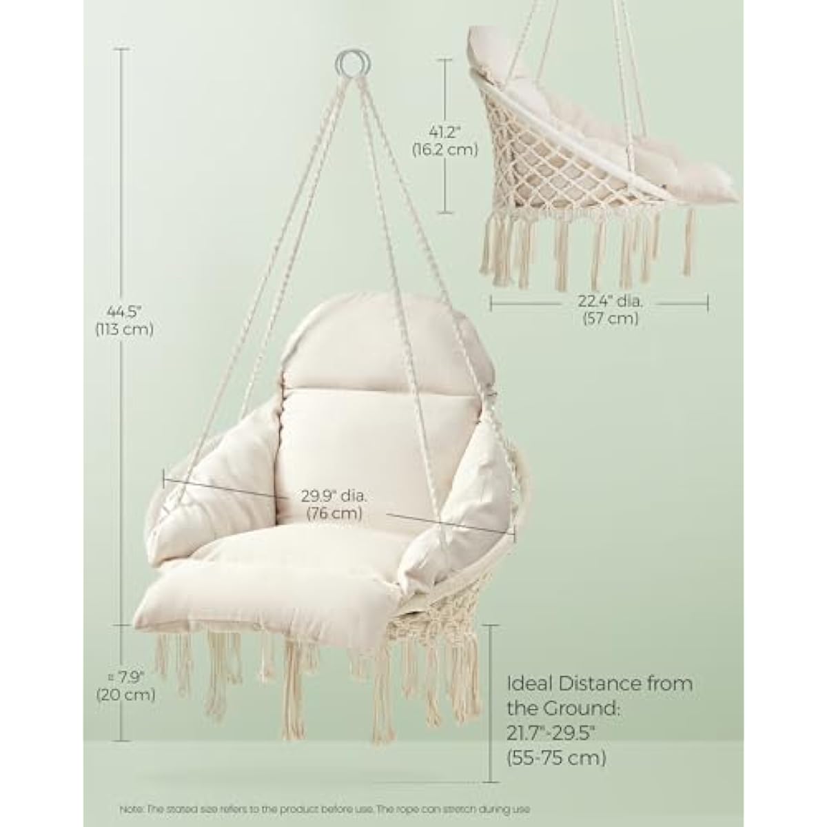 SONGMICS Hanging Chair, Hammock Chair with Large, Thick Cushion, Boho Swing Chair for Bedroom, Patio, Balcony, Garden, Holds up to 264 lb, Accessories Included, Cream White UGDC042M01